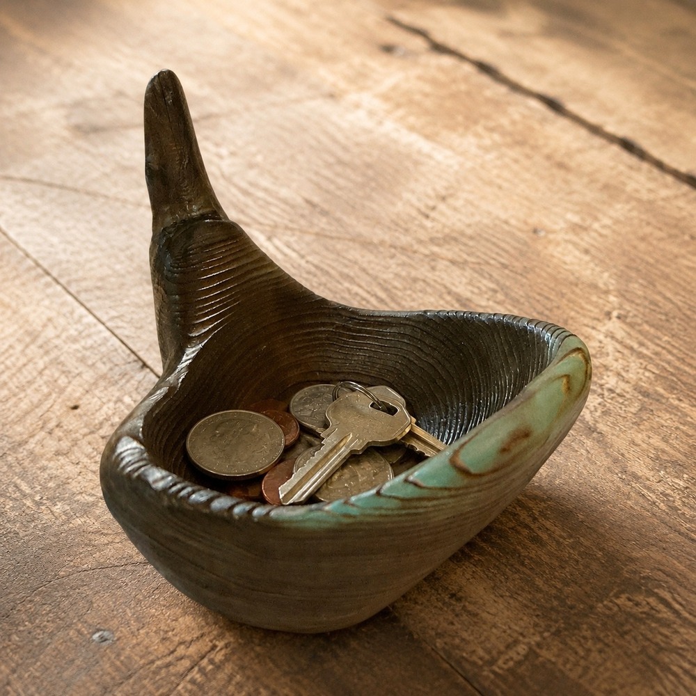 Handmade Wood Carved Organic Catchall Bowl Rustic Entryway Trinket Dish 7x5.5